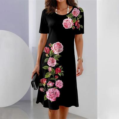 Damen Casual Lange Kleider Sommer Vintage Stil Weiblicher O-Ausschnitt Blumen Bedruckt Bequem Knielang mit Taschen Übergröße S-5XL