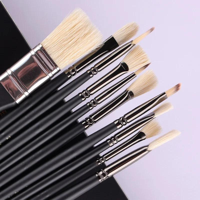 Gouache Paint Brush 10 Pcs Multi-functional Fan-shaped Nylon Hair Oil Brush Big Bristle Board Brush Row Pen Black Knight Set
