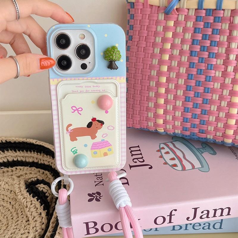 Suitable for Iphone16pro Puppy Cartoon Phone Case Apple 15 Card Case DIY Lanyard Protective Cover Cool and Trendy