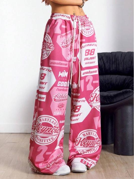Women Street Hip Hop Style Printed Pocket Loose Casual Wide Leg Long Pants
