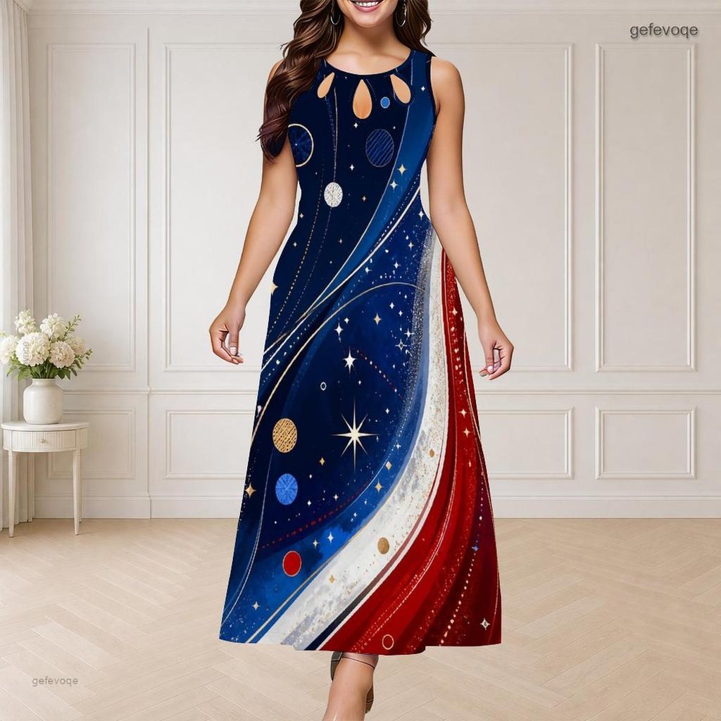 Women Plus Size Round Neck Triple Keyhole Cutout Sleeveless Printed Red Blue White Long Dress