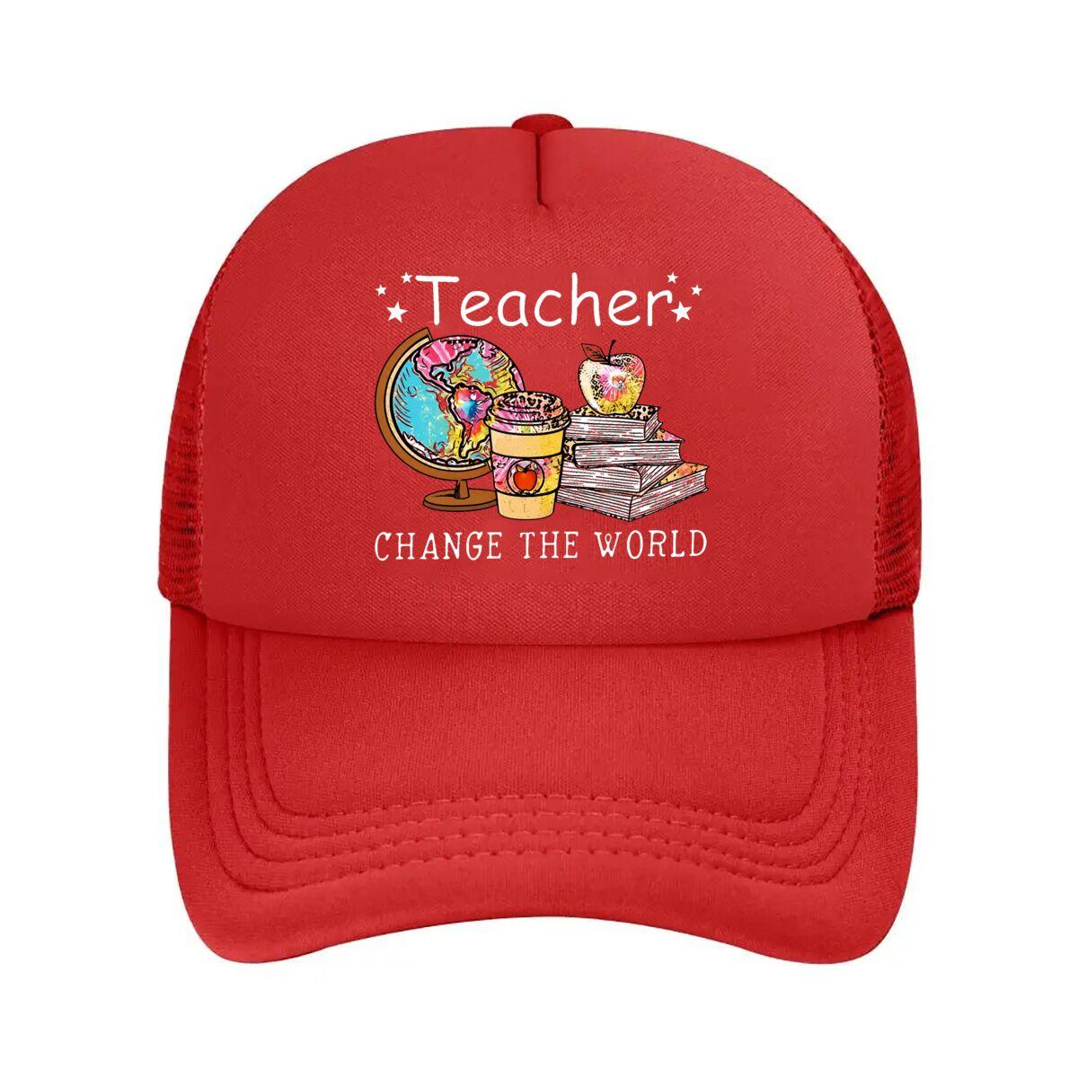 Teacher Globe Books Apple Coffee Colorful Illustration Mesh Baseball Cap Hip Hop Adjustable