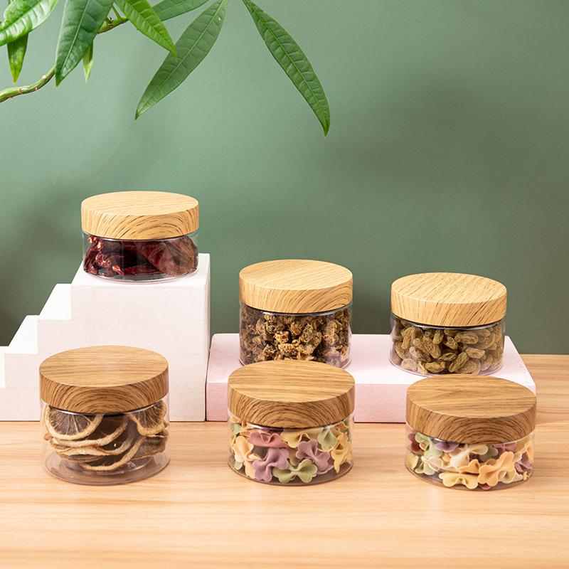 1Pc Plastic Clear Empty Jars Containers with Imitation Wood Texture 30ML-300ML Seasoning Storage Jars for Home Use with Lids