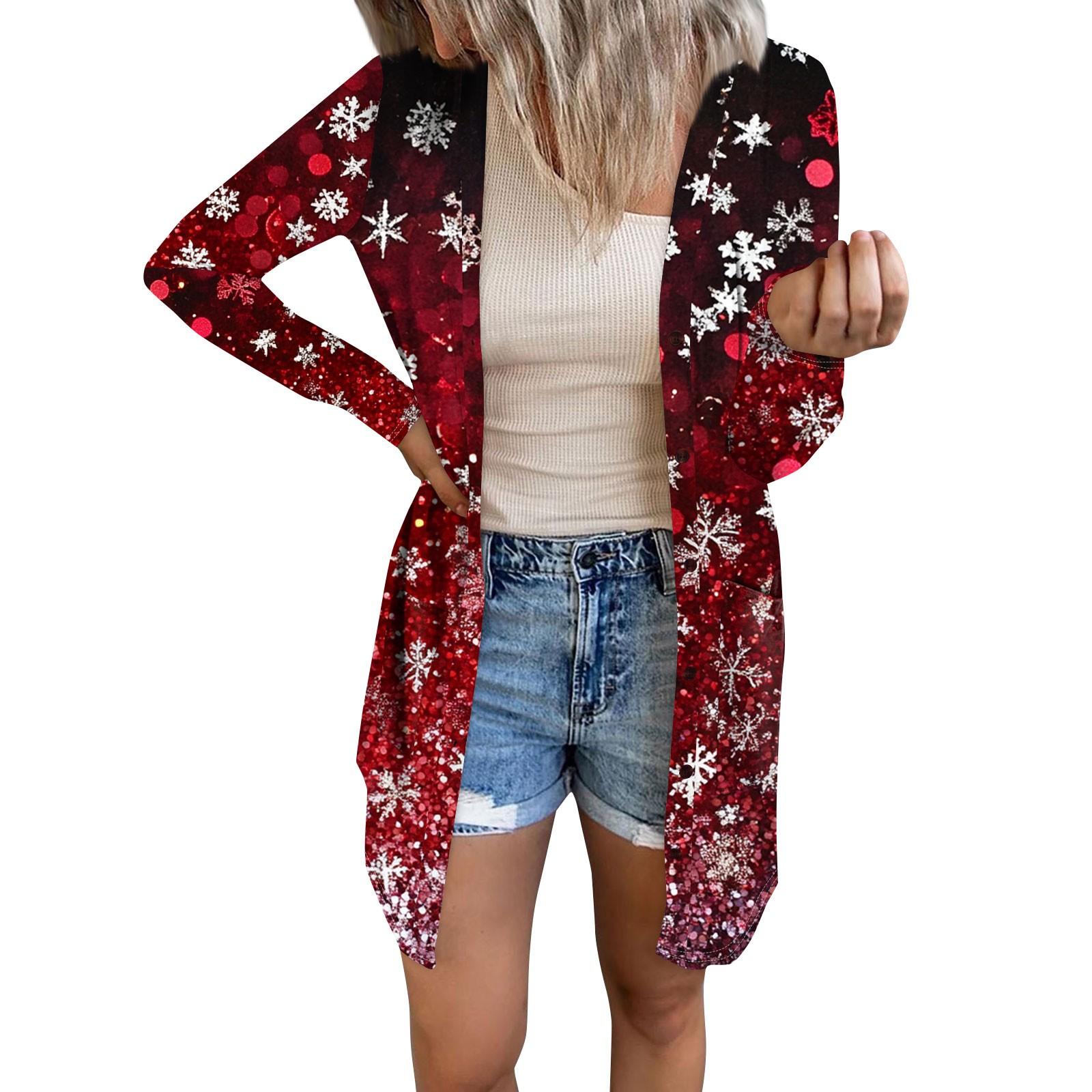 

Женский повседневный кардиган с длинным рукавом и рождественским принтом с карманами XXXL