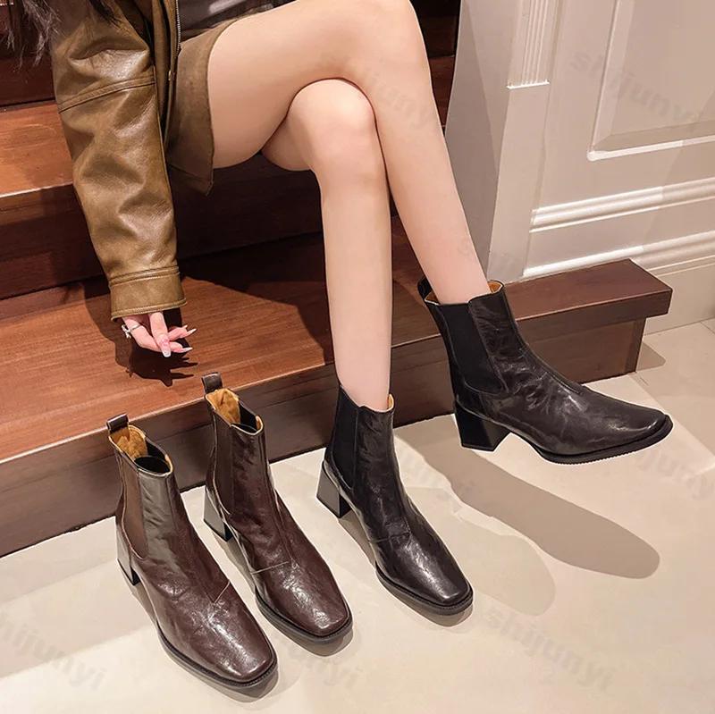 Fashion High Heels Ankle Boots Women Shoes Fashion Pointed Toe Booties 2024 New Trend Thick Heel Chelsea Boots Ladies Leather Short Boot