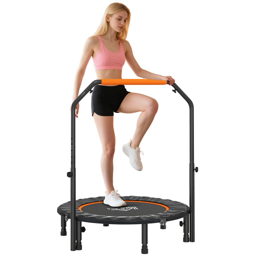 40 Zoll faltbares Mini-Fitness-Trampolin, mit verstellbarem Schaumstoffgriff, Orange