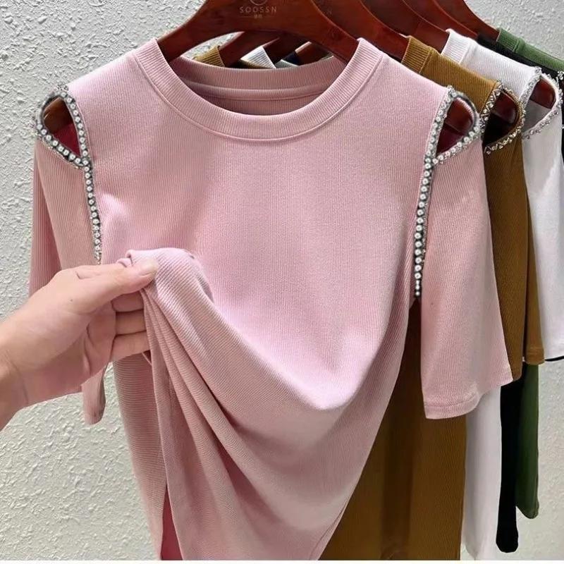 Damen Schwarzes Rollkragen Oberteil 3/4 Ärmel Cold Shoulder Schlanke Bluse Strassstein Detail