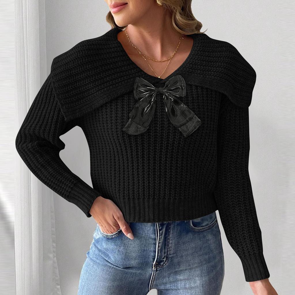 Women's Short Large Collar Butterfly Knot Splicing Pullover Sweater Top