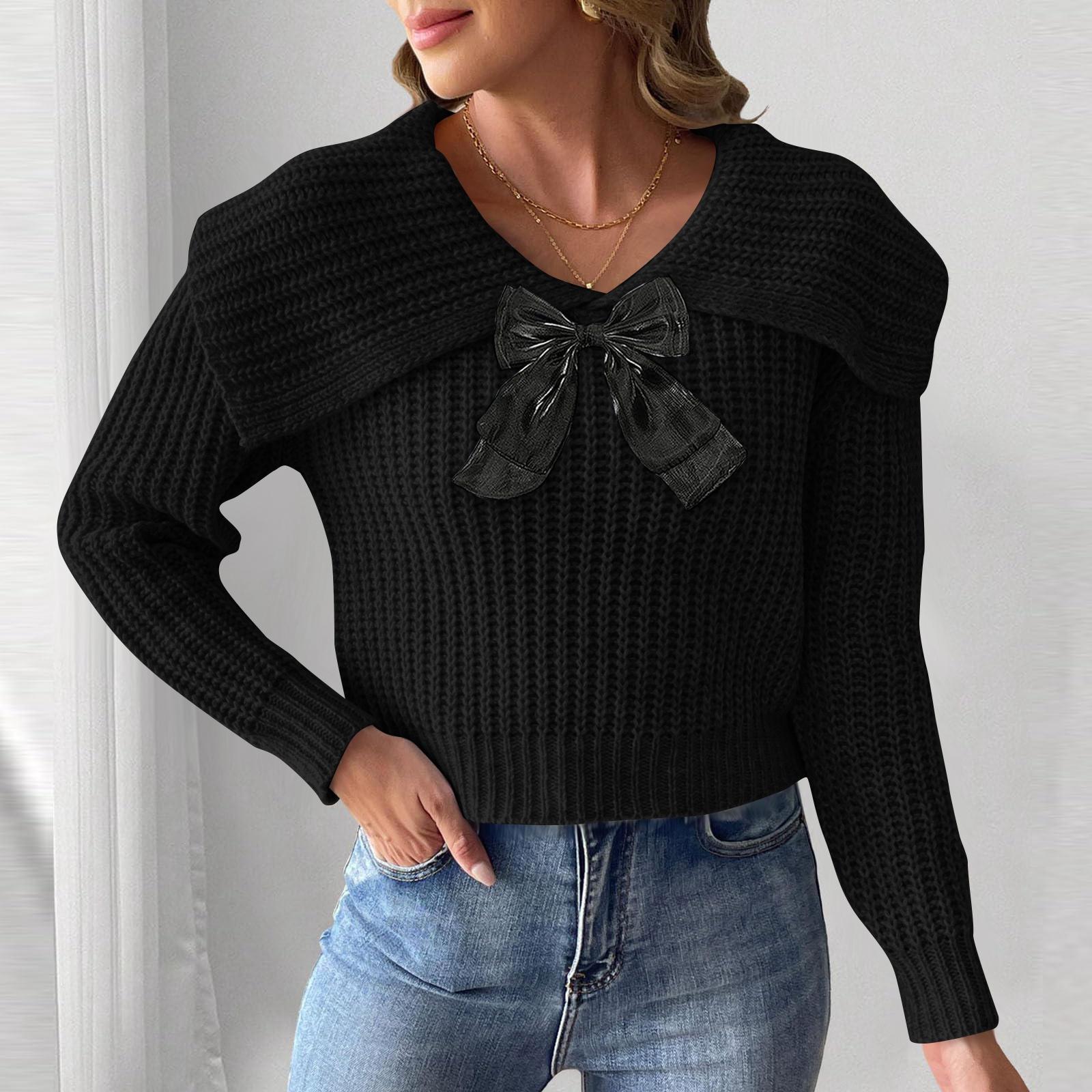 

Women s Short Large Collar Butterfly Knot Splicing Pullover Sweater Top L чёрный