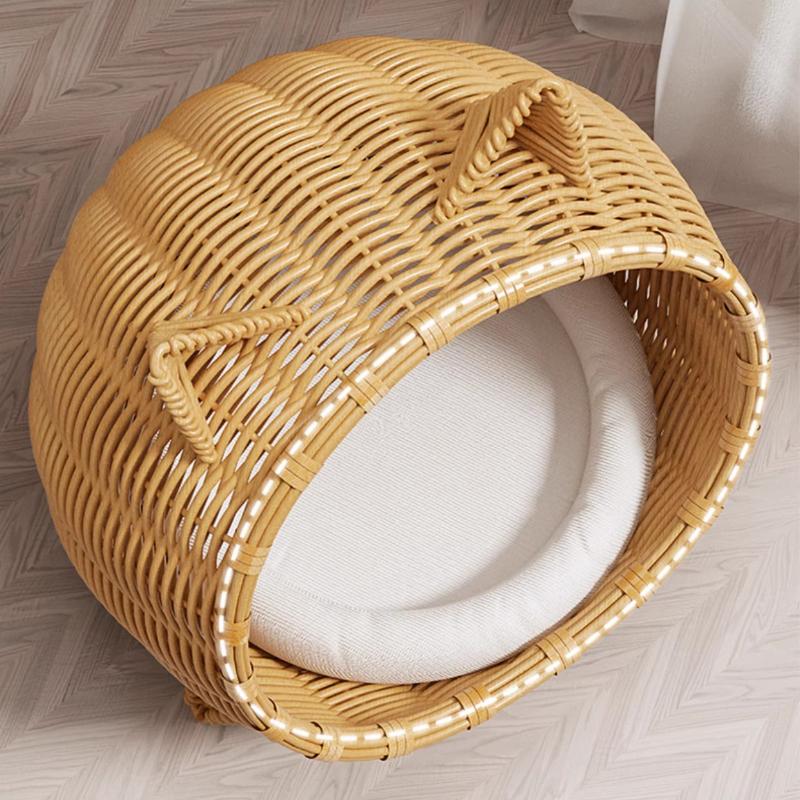 Imitation Rattan Woven Cat Bed All Season Cat House Moisture-proof Breathable Feline Cottage for Summer Ventilated Cats Hammock