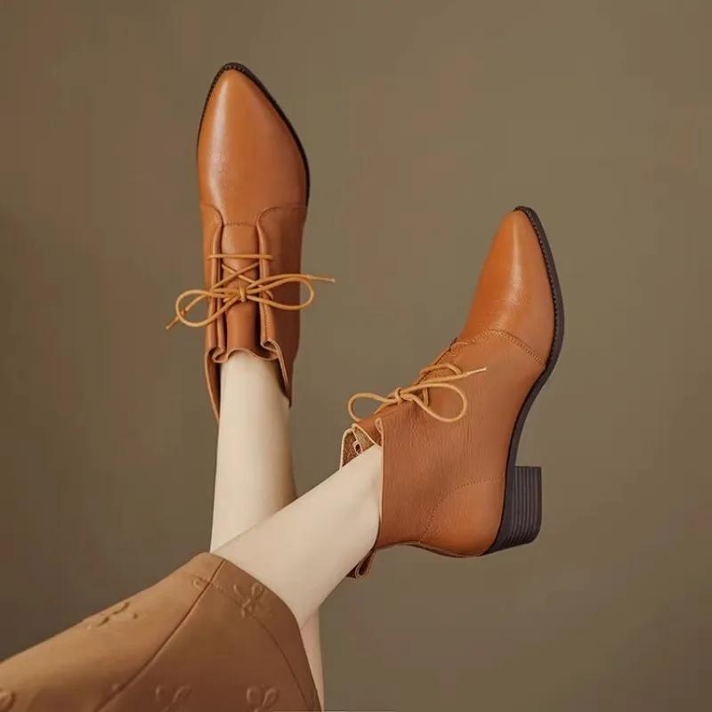 fashion Ankle Square Heel Modern Boots Winter Korean Style Ladies Shoes 2024 High Quality Lace-up Pointed Toe Mid Heel Women's Boots
