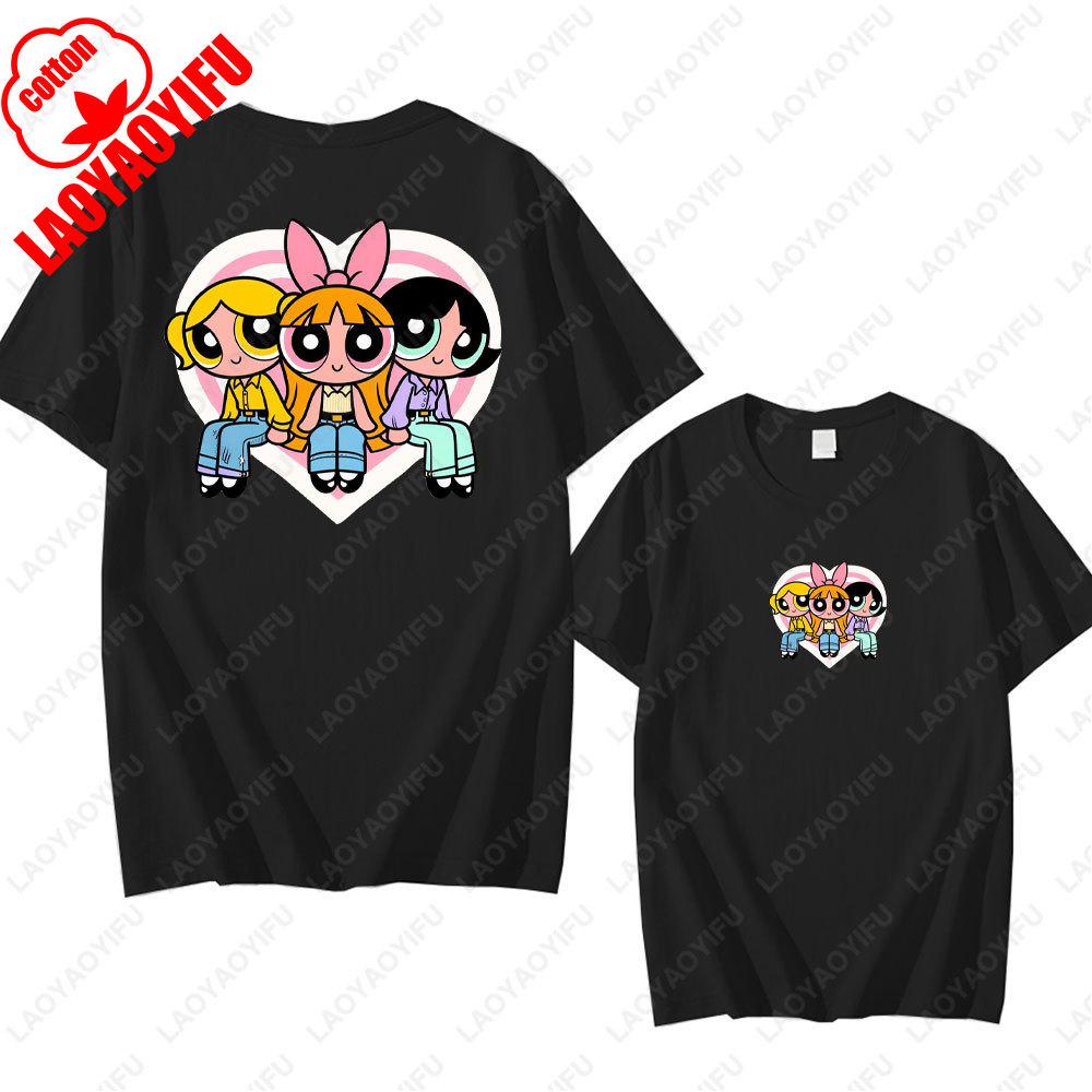The Powerpuff Girls Anime Tshirt Trendy Kawaii Woman Clothing O Neck Summer Cotton Short Sleeve Tee Retro Trend Cool Street Tops