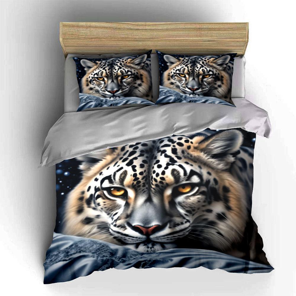 Realistic Starry Snow Leopard Animal print Bedding Set 3pcsSoft Skin-Friendly Bedding Set Includes 1 Duvet Cover 2 Pillowcase