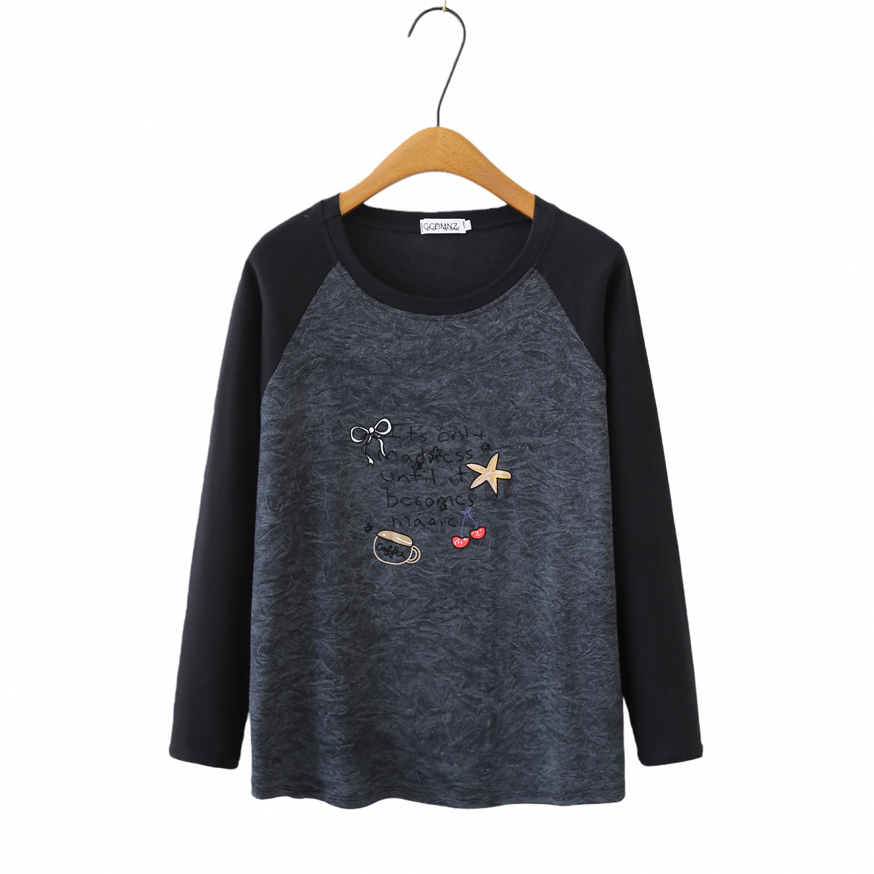 

2026 Spring Plus Size Women s Color Block Long Sleeve Printed Top - Round Neck, Slimming, Versatile Base Layer for Chubby Girls 3XL черный серый
