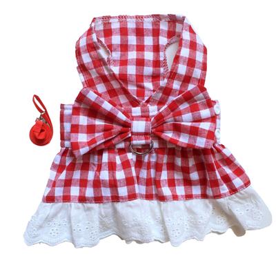 Plaid Dog Dress Leash Set Red Plaid Lace Hem Puppy Dress Spring Summer Sleeveless Pet Dress with
