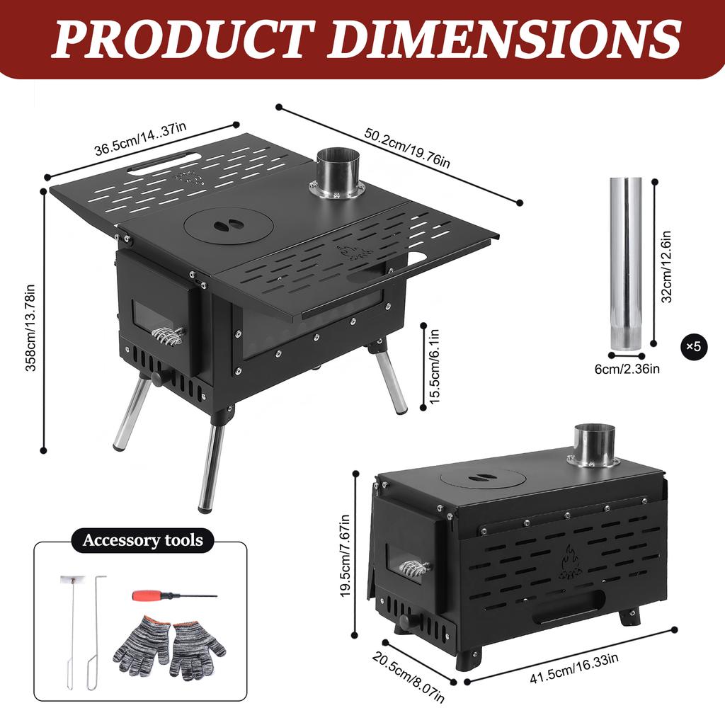 Portable Wood Burning Stove with Stainless Steel Construction Small Wood Stove Chimney Pipes Included for Outdoor Cooking Hiking