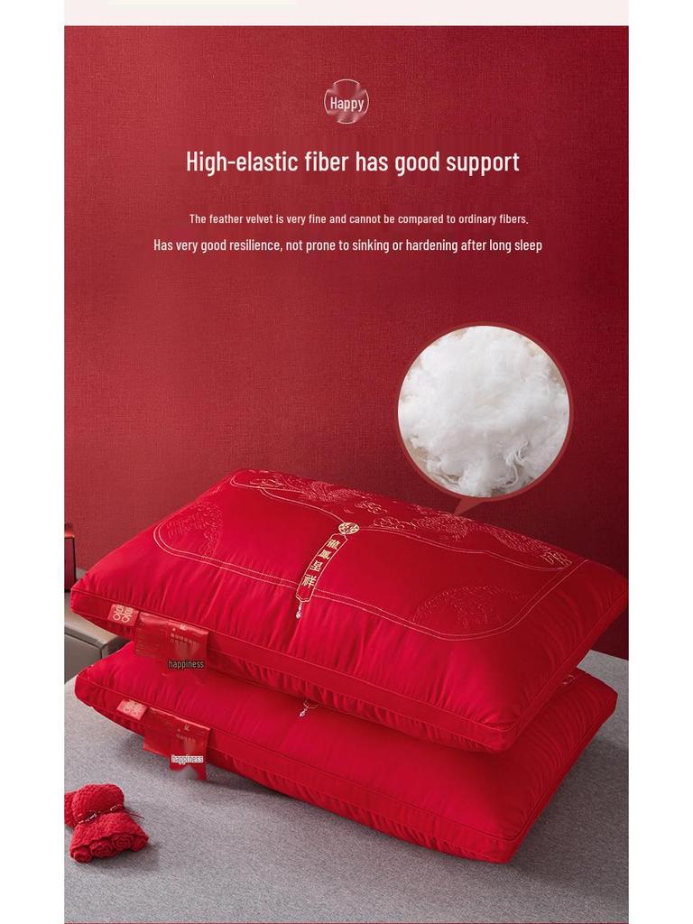 Embroidered Red Wedding Pillow - All-Cotton Feather Velvet for Newlywed Celebration