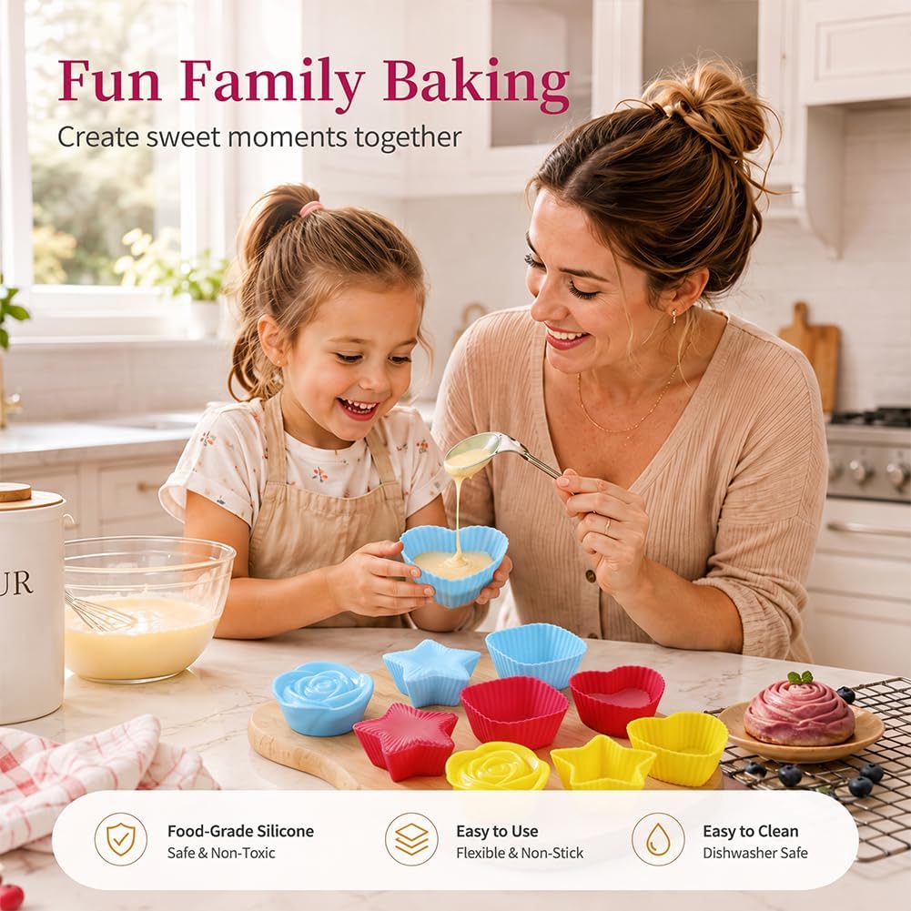 12Pcs Reusable Non-Stick Silicone Muffin Cups Cupcake Liners for Baking