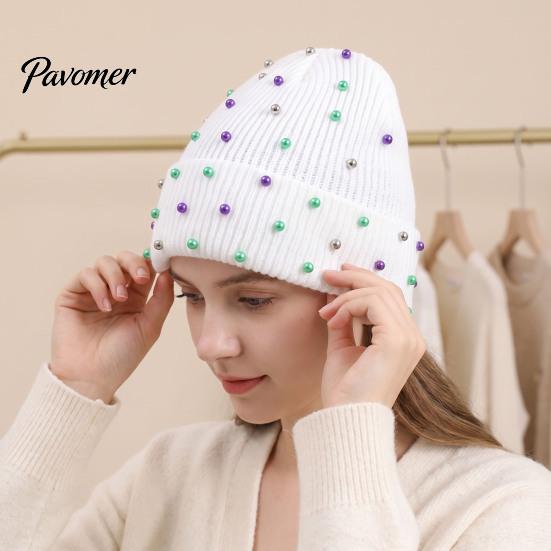 Soft Vertical Texture Hats Unisex Beanies with Colorful Beads, Winter Warm Knitted Hat, Casual Stylish Knit Skull Caps Stretch Cozy Cap for