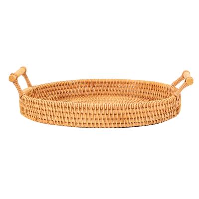 Vassoio da portata rotondo in rattan intrecciato a mano, cestino per pane, frutta, dessert, snack con manici, diametro 24 cm