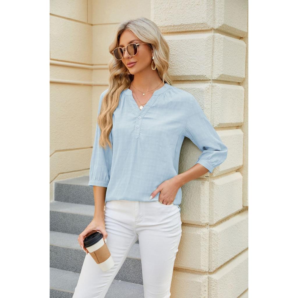 Spring Summer Women's Solid Color V Neck Loose Half Sleeve Casual Top