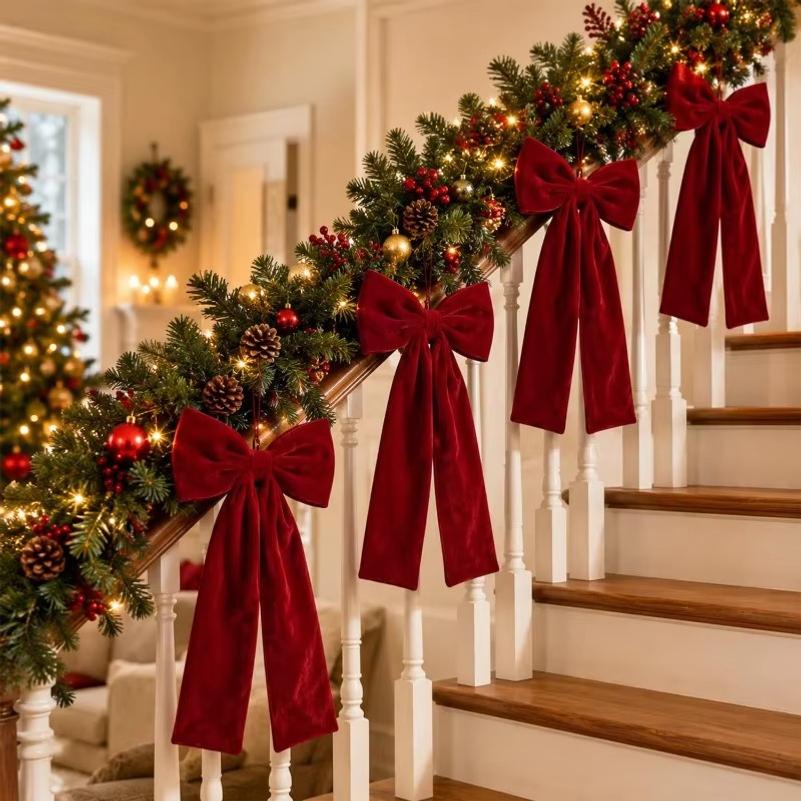 Christmas Bowknot Pendant Hanging Xmas Ornament DIY Home Party Christmas Tree Decorations Velvet Bow Burgundy Style Supplies