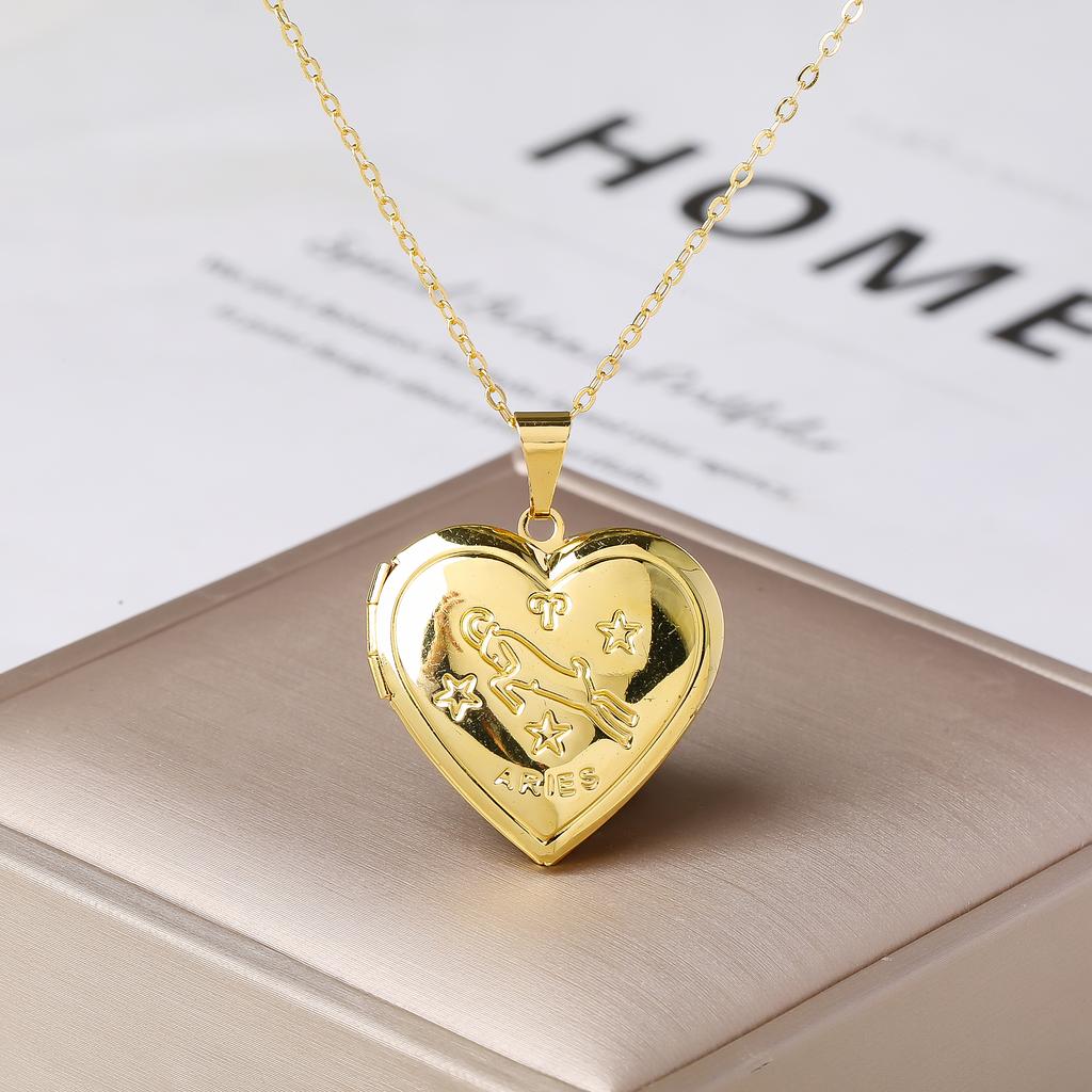12 Zodiac Signs Openable Photo Frame Heart Locket Necklace for Women Gold Plated Astrology Horoscope Photo Pendant Jewelry Gift