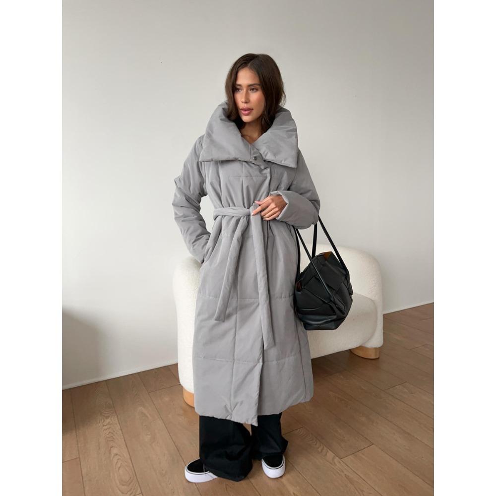 Women Long Wrap Puffer Coat Wide Collar Belted Waist Winter Warm Outerwear