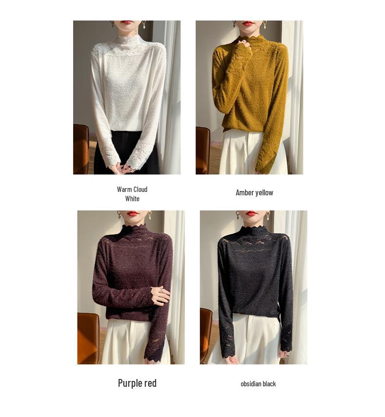 Cross 2025 Autumn/Winter Lace Color Block Knit Pullover with Half-High Collar and Long Sleeves