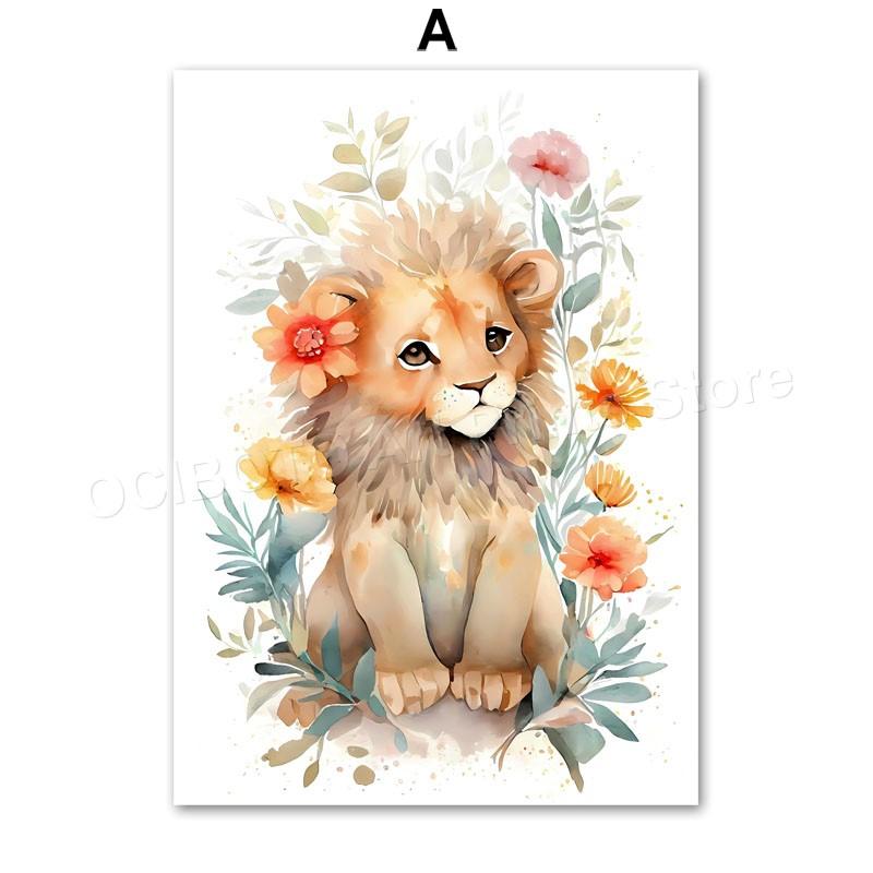 Watercolor Animals Wildflower Lion Rabbit Bear Panda Cow Flamingo Posters Of Wall Art Canvas Prints Picture Baby Kids Room Decor