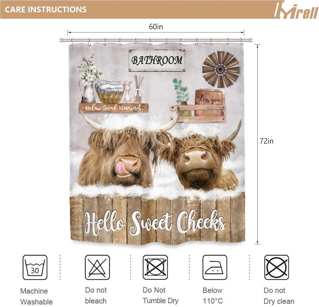 Imirell Funny Highland Cow Shower Curtain 60Wx72H Inches Rustic Farmhouse Bull Animal Wooden Board Country Western Wildlife Plan