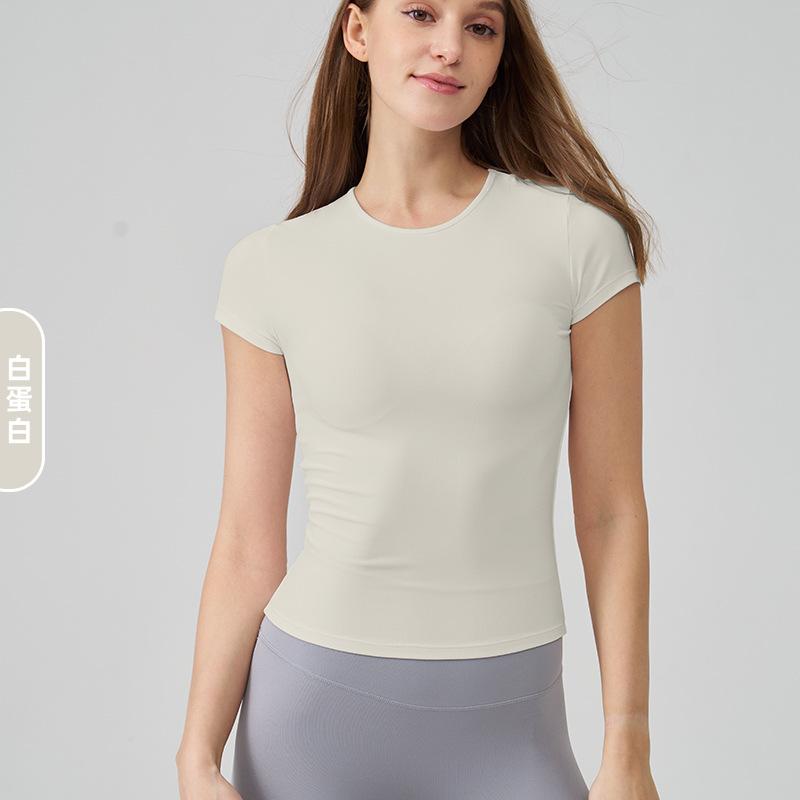 Summer nude round neck thin yoga clothes top tight waist outdoor breathable high elastic fitness sports short sleeves women