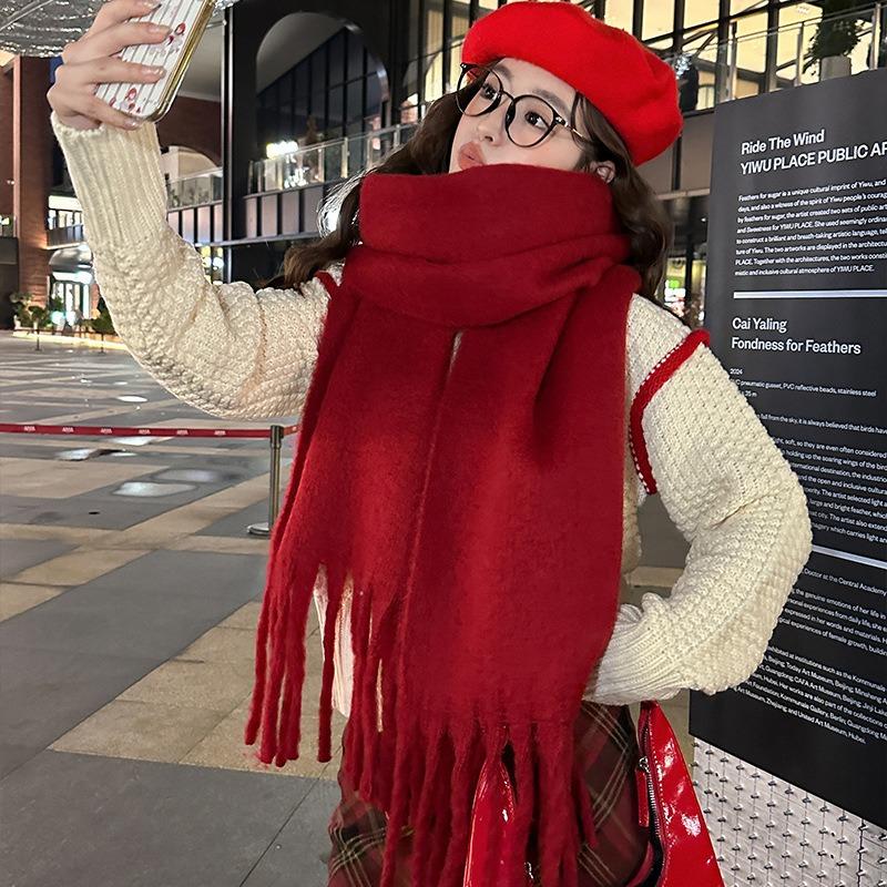 Ankola Red Mohair Solid Color Scarf Women's Winter High-end Sense Atmosphere Shawl for Boyfriend and Girlfriend