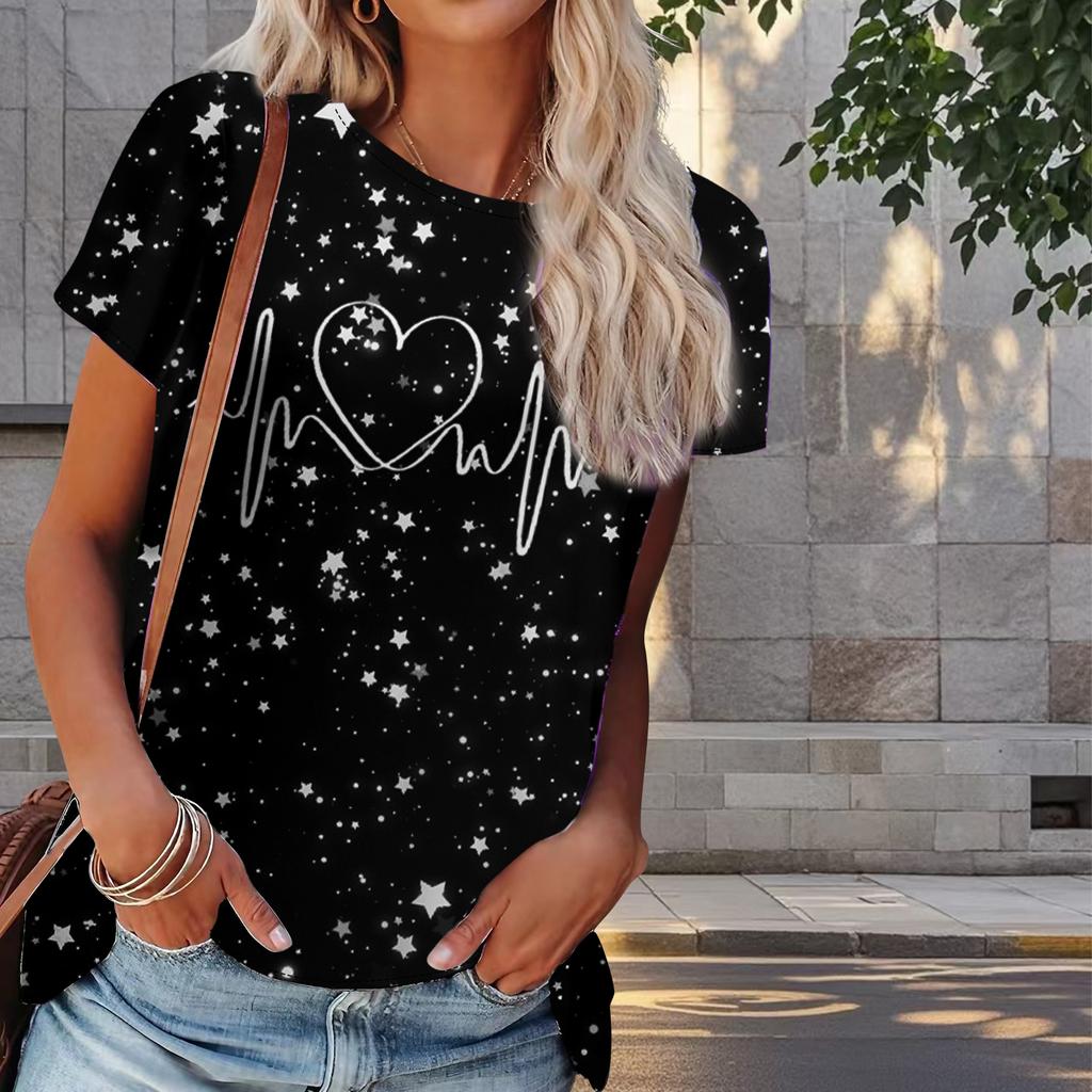 Damen Sommer T-Shirt Herzschlag der Liebe Print Retro Mode Kurzarm T-Shirts Lässig Bedruckte Oberteile