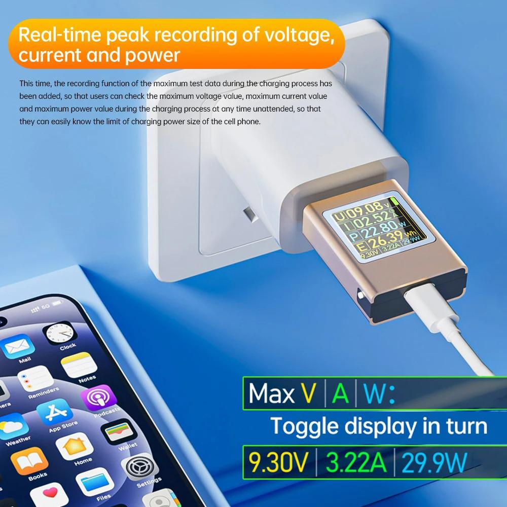 USB C Power Meter Tester Voltage Current Digital Multimeter Color LED Display Two-Way Measurement for Chargers Power Bank Cable