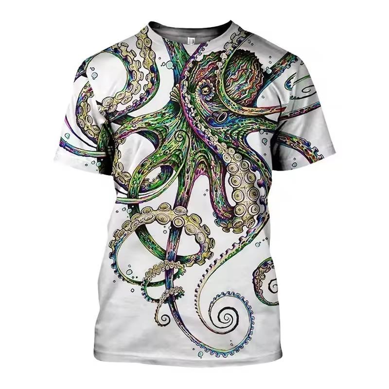 Men'S Summer 3d Printing Printed O-Collar Short Sleeve T-Shirt Ocean Octopus Art Personality Retro Plus Size Loose Top