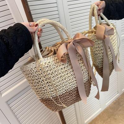 Summer Splicing Straw Women Bow Decors Shoulder Bag Large Capacity Beach Woven Bucket Crossbody Bag
