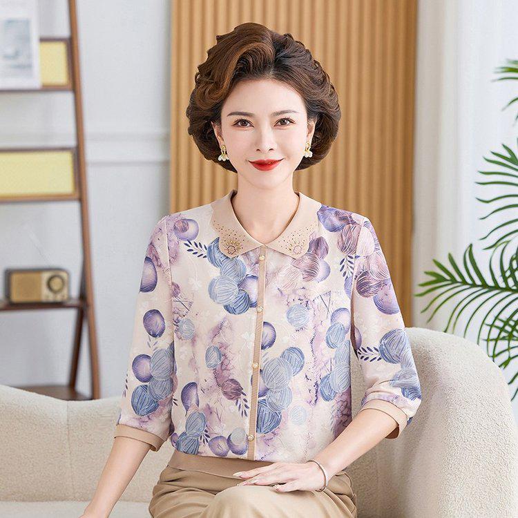 Comfortable Summer Printed Seven-Sleeve T-shirt for Middle-Aged & Elderly Women, Loose Plus Size