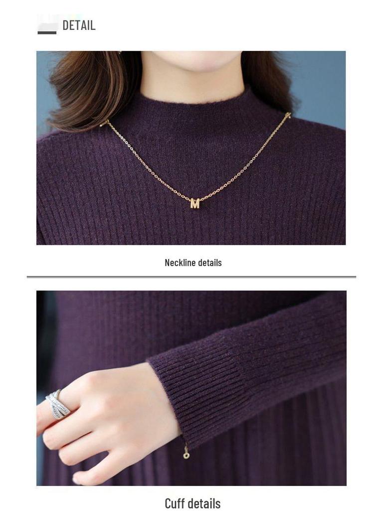 Plus Size Semi-High Collar Wool Sweater Dress - Warm, Thick, Tummy Covering, Slimming Winter Knit