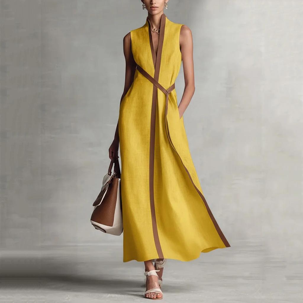 Women's Fashionable Vintage Stand Collar Sleeveless Casual Color-Blocked Loose Dress