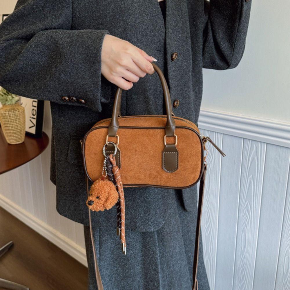 Ins PU Leather Suede Bowling Bag Handbag Korean Style Small Square Bag Large Capacity Solid Color Shoulder Bag Streetwear
