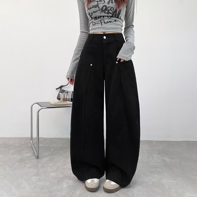 

Khaki scimitar jeans women s autumn new pants high waist drape retro loose wide-leg pants S чёрный