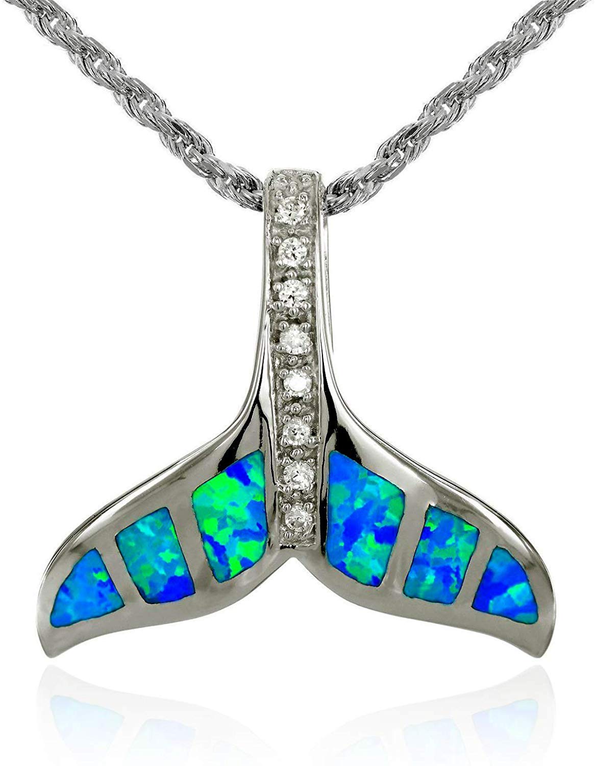

Hawaiian Jewelry Blue Opal Whale Tail Pendant Necklace for Men and Women 925 Silver Rope Chain [Leilani] (60cm Included)