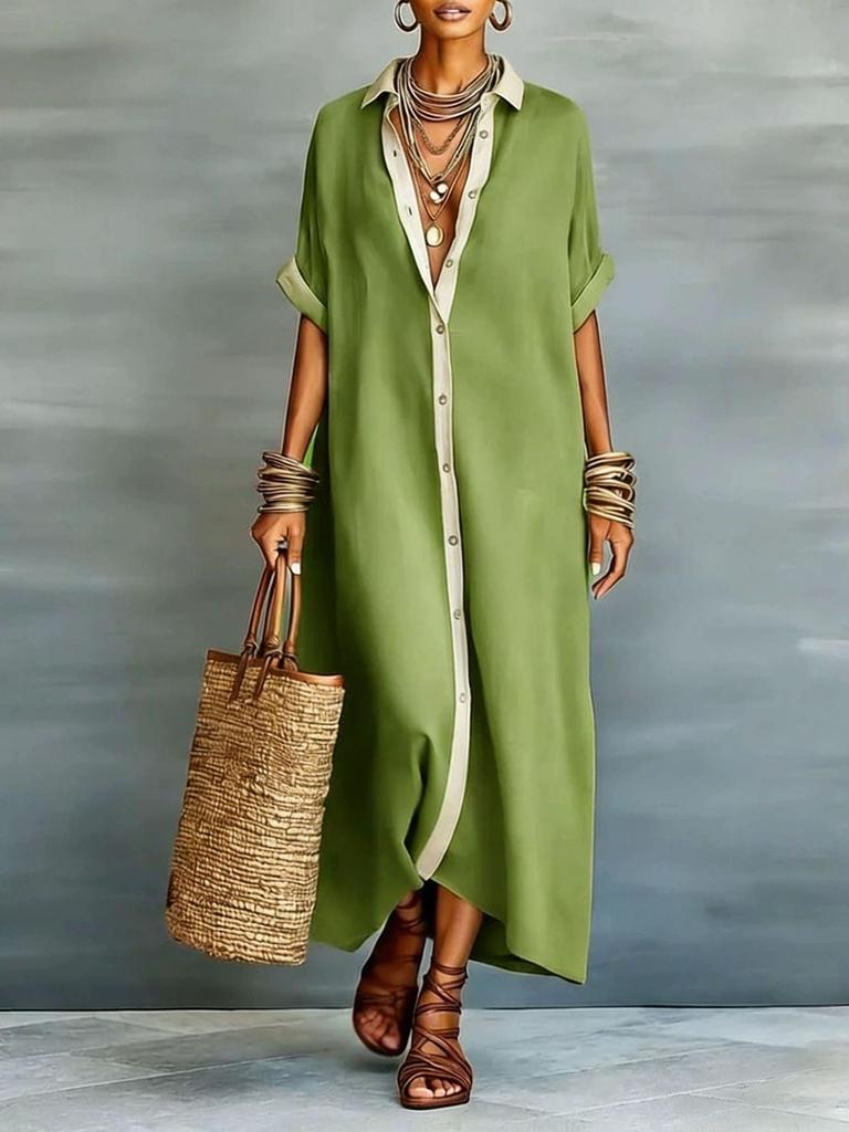 Women's Color Block Loose Cotton Linen Shirt Dress - European & American Fashion 2026