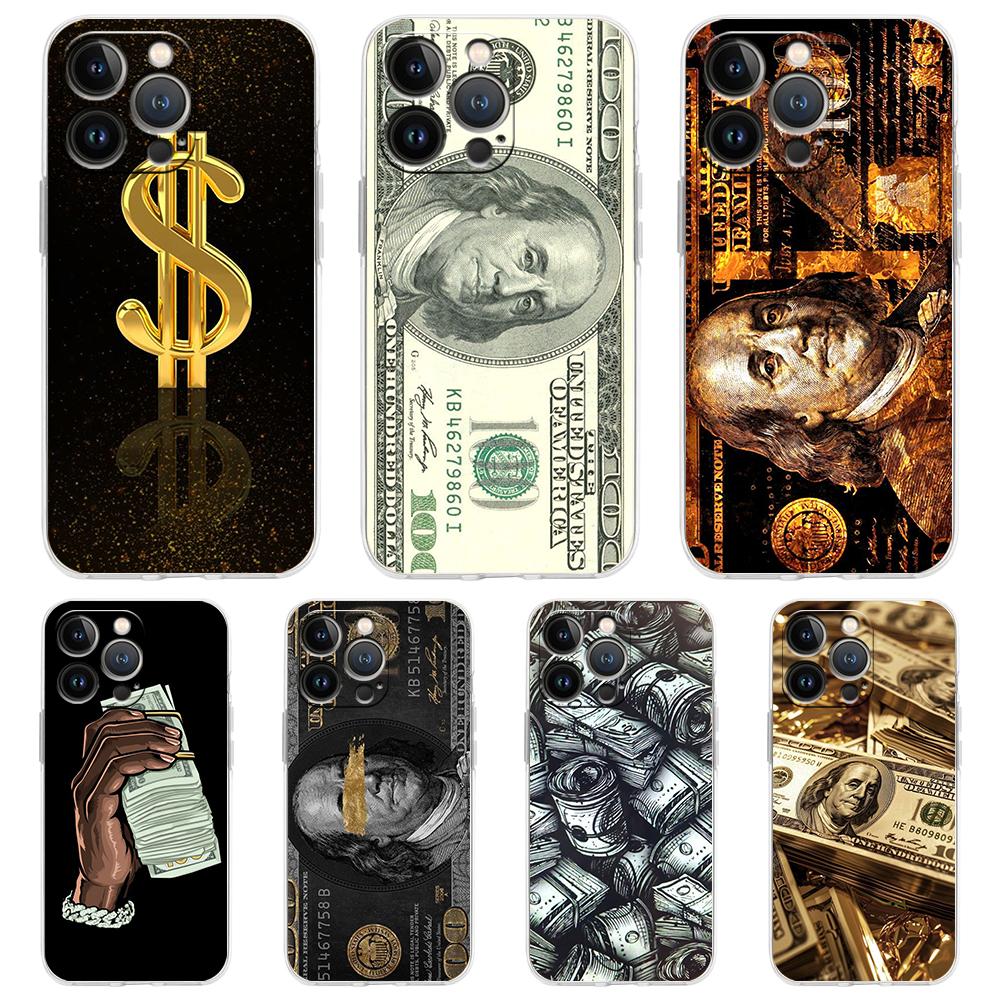 USD Dollar Cash Luxury Soft Transparent Phone Case Cover for iPhone 16 15 14 13 12 11 Pro Max XR 8 7 Plus XS Max Shockproof Bag