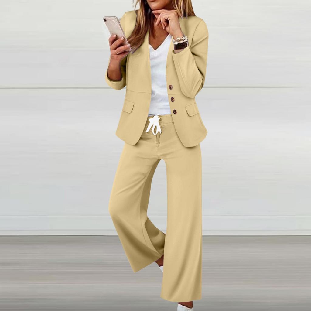 Women 2 Pieces Elegant Slim Fit Jacket Formal Work Pant Lapel Coat Set