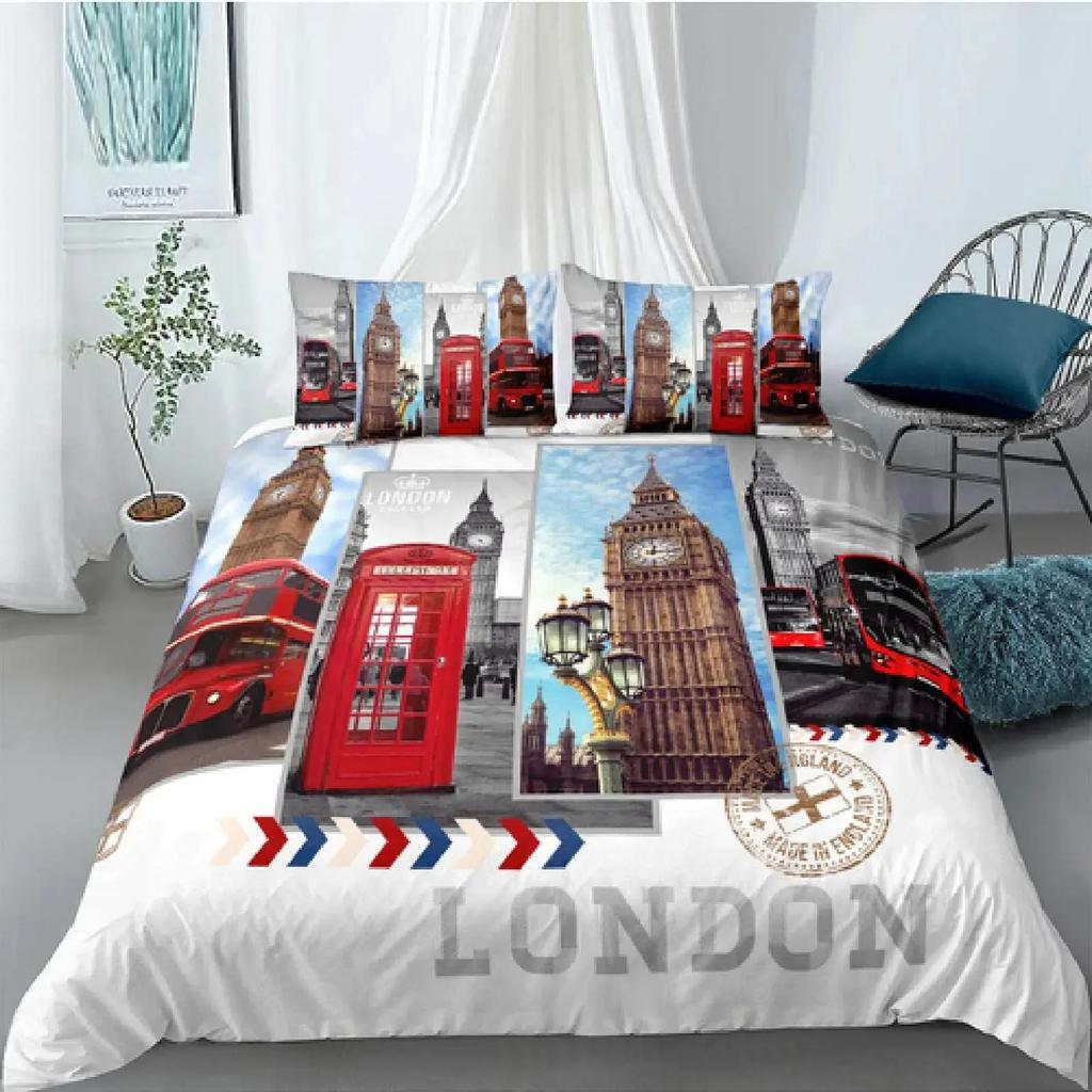 Big Ben Comforter Cover Boys Famous Telephone Booth Bedding Set for Teens Retro London Cityscape Duvet Cover Set with Pillowcase