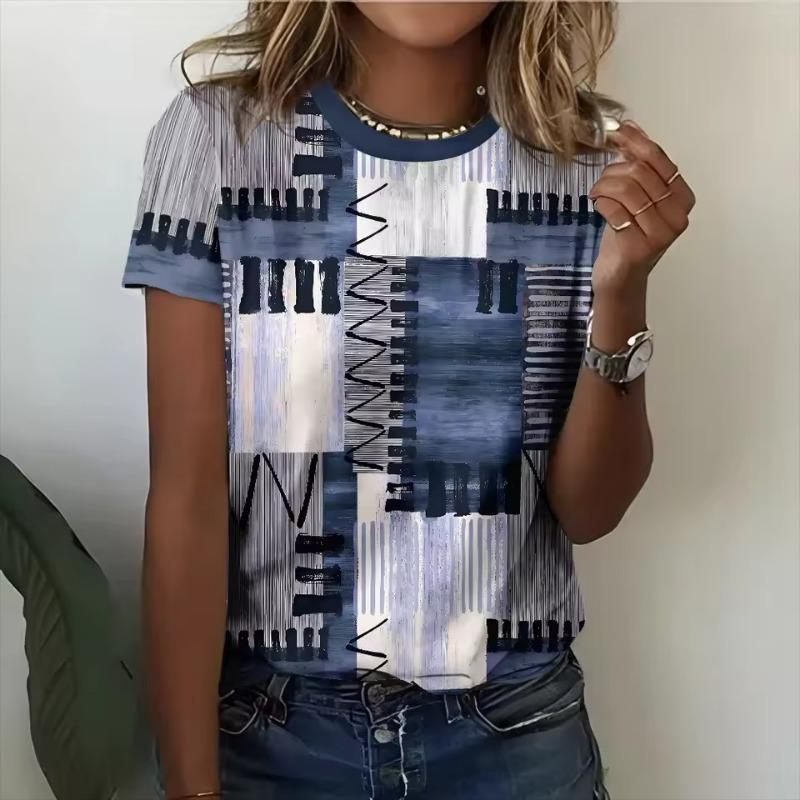 Letní dámské 3D tričko s potiskem kostkovaného vzoru, ležérní topy s krátkým rukávem a kulatým výstřihem, módní pouliční nadměrné dámské oblečení, pulovr