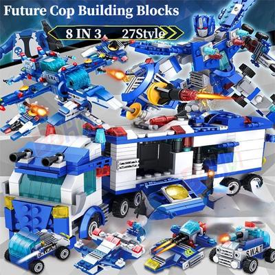 Serie 8in1 City Police Command Truck Building Blocks Policeman Robot Car Helicopter Model Bricks Toys for Children with Box