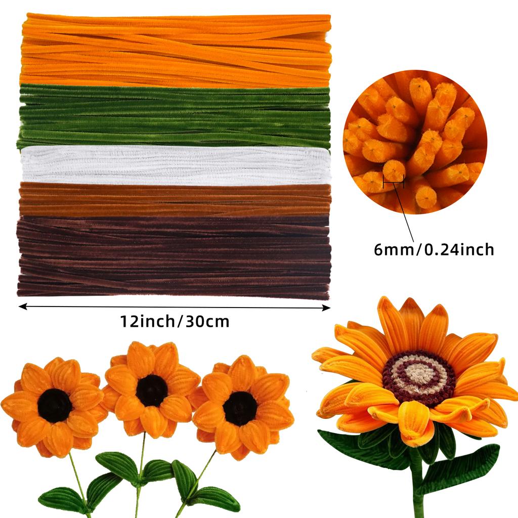 280pcs Golden Yellow Sunflower Pipe Cleaners With 20 Flower Stem Wire 1 Garden Tape 1 Warp Paper 1 Silk Ribbon 2 Glue Stickers